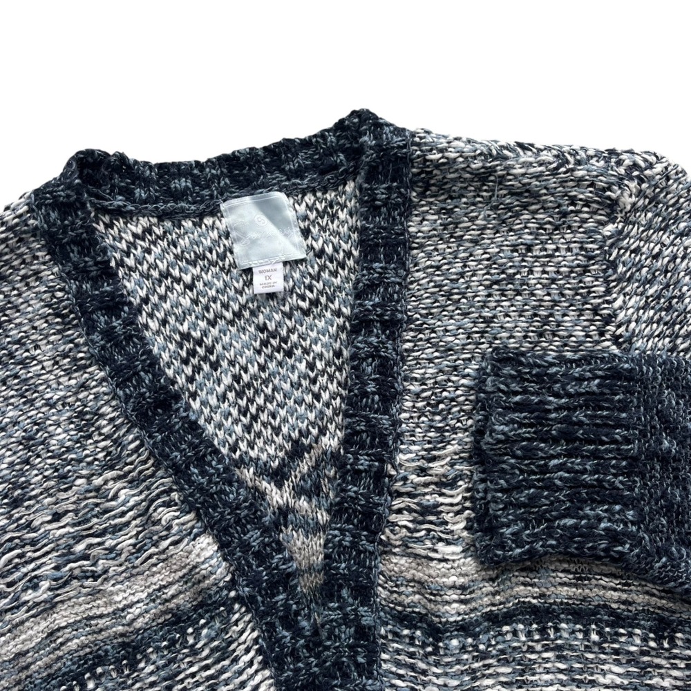 Sunday Women 1X Blue Gray Fair Isle Open Front Chunky Knit Cardigan Sweater Boho